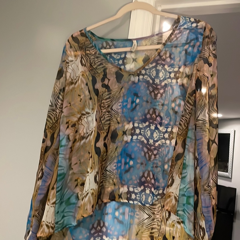 Elan# multicolored patchwork long sleeve crop top # large casual shirt